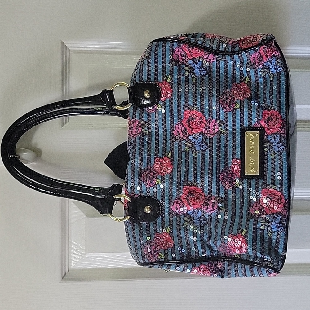 Betsy Johnson Turquoise with Pink Roses and Sequins Purse